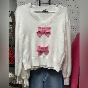 She and Sky White Sweater with Pink Bows